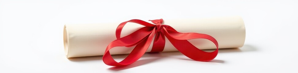 A rolled diploma scroll tied with ribbon, isolated on a clean white background, symbolizing achievement and education, empty, blank