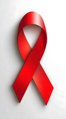 Brightly illuminated red awareness ribbon displays on a clean, light background