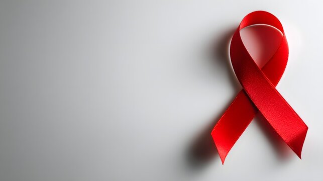 Single bright red awareness ribbon rests upon a neutral gray background surface