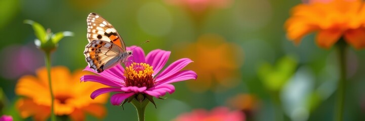 Obraz premium Delicate butterfly ascends a vibrant wildflower, capturing nature's gentle ascent and beauty, butterfly, petals, wings