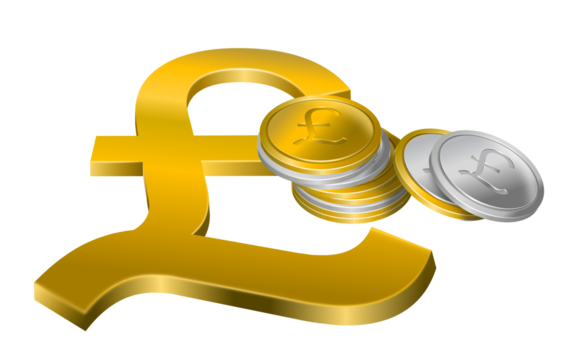 Golden pound sterling currency symbol and stack of gold and silver coins. Money concept, three-dimensional, isolated on transparent background. - Powered by Adobe