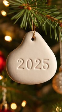 White Ceramic Ornament With 2025 Engraved Hanging On A Pine Tree With Festive Bokeh Lights In The Background