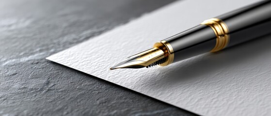 workspace pen paper concept. Luxurious fountain pen resting on a textured paper surface.