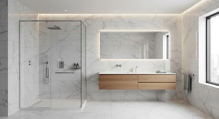 Modern bathroom with marble tiles and rainfall shower creates a spa-like escape, ideal for luxury home designs and relaxing interior inspirations