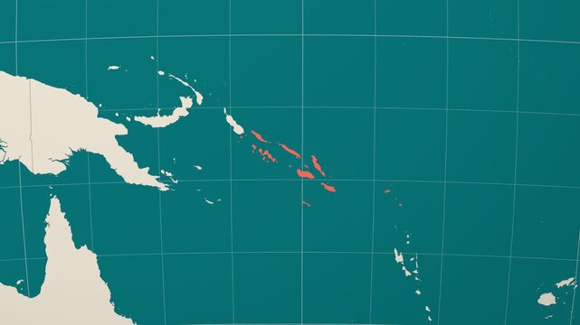 Solomon Islands map. Animated zoom into the country on the Globe in Teal Pale Mint color palette. Country logo animation. Map with meridians, parallels. Appealing video.