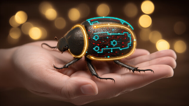 A robotic beetle resting on a hand illustrates a software bug and cybersecurity threat concept, symbolizing hidden vulnerabilities and the need for vigilant defense.
