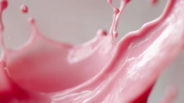 Pink liquid splash close up glossy texture dynamic motion fluid droplets creamy smooth texture evoking playful energy
