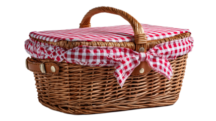 Woven Picnic Basket with Red and White Checkered Fabric Isolated on Transparent Background Rustic Container for Outdoor Dining