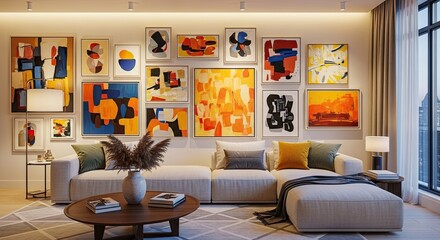 Modern living room interior with vibrant abstract art gallery wall and comfortable sectional sofa, perfect for upscale lifestyle and design inspiration