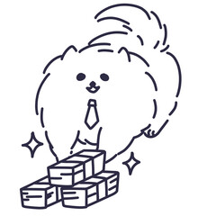 十分なお金をもらう社会人のポメラニアンの線画イラスト