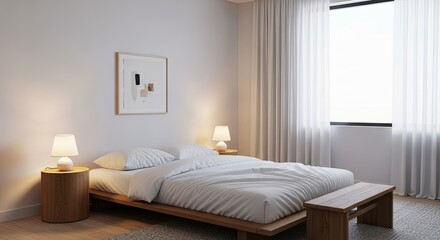 Experience cozy nights in this beautifully styled bedroom with soft lighting, natural wood accents, and crisp white bedding, perfect for relaxation and sleep