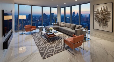 Experience luxurious city living in this stunning penthouse apartment with breathtaking skyline views at dusk, featuring modern design and elegant furnishings