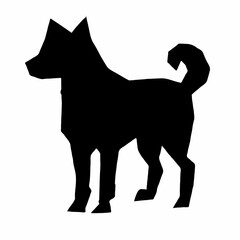 A minimalist silhouette of a dog standing with a curled tail and pointy ears shown