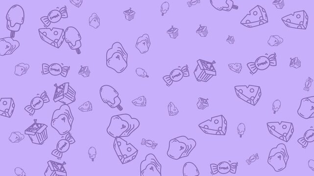Animation food seamless pattern purple background with sketches of candy, cheesecake, and ice cream. Perfect for food and dessertthemed designs.