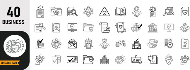 Business line icon set. Including Strategy, Growth, Finance, Leadership, Innovation, Partnership, Analysis, Management, Networking, Success. Line art vector illustration