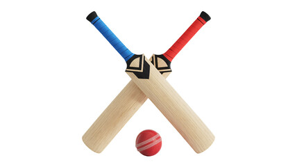 Two crossed cricket bats and ball ready for action