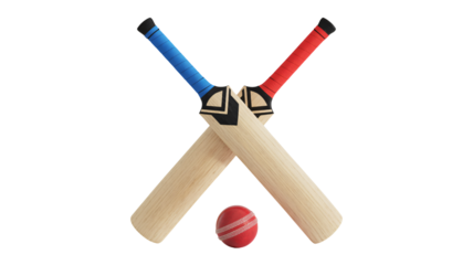 Two crossed cricket bats and ball ready for action
