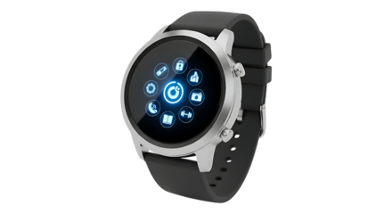 Smart watch with black band isolated on transparent background in studio shot