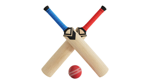 Two crossed cricket bats and ball ready for action