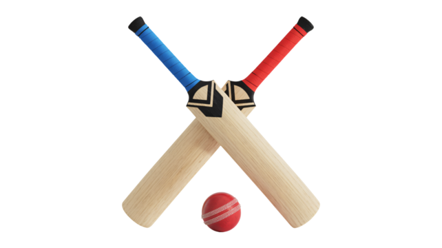 Two crossed cricket bats and ball ready for action