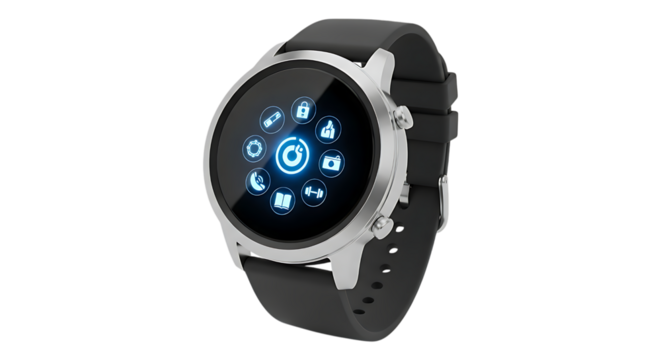 Smart watch with black band isolated on transparent background in studio shot