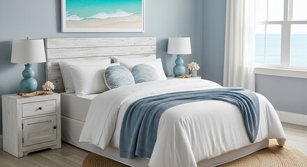 Coastal bedroom retreat with serene ocean view, inviting white linens, and beach-inspired decor for a relaxing vacation or stylish home interior design