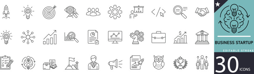  Minimal Business Startup Line Icon Set 30 Outline Symbols for Innovation, Growth, and Entrepreneurship Design