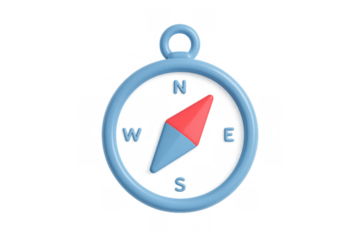 3d compass depicting navigation and travel, showing directional points n, s, e, w, on a transparent background