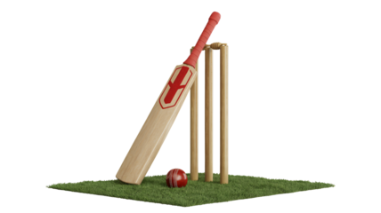 Stunning cricket bat, ball, and stumps on vibrant green grass
