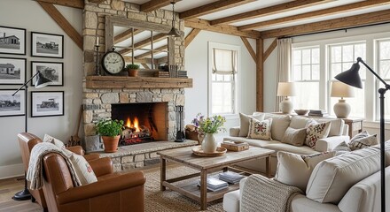 Imagine cozy nights by the fire in this stunning living room with rustic stone fireplace and exposed beams, perfect for lifestyle and home decor designs