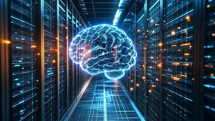Digital Brain: In a futuristic data center, a luminous digital brain symbolizes the power of artificial intelligence. Neon lines, interconnected, illuminating complex network, a technological feat. - Powered by Adobe