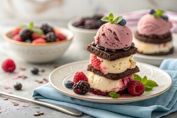 A stack of ice cream sandwiches with berries and mint garnish on a plate in a bright setting