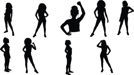 Curly hair silhouette poses, standing gestures, hand on hip, raised fist, casual clothing, body language, attitude, expression, fashion, design