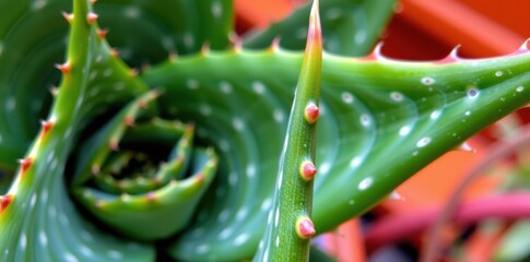 Close-up of a vibrant green aloe vera leaf showcasing its sharp, thorny texture and succulent flesh, sharp, tropical, leaf