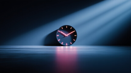 Futuristic Analog Clock Under Spotlight in Dark Room