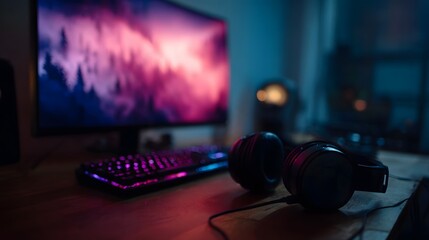 Modern gaming computer setup with an illuminated keyboard and headphones on a wooden desk