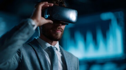 A focused businessman wearing a virtual reality headset immersed in visualizing complex digital data and graphs on a futuristic screen