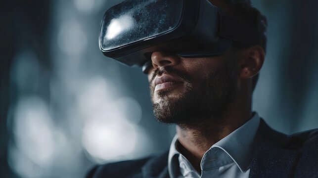 Focused businessman wearing a virtual reality headset contemplating future technology and immersive experiences - Powered by Adobe