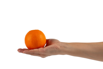 Hand holding orange isolated on transparent background.