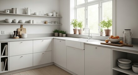 Modern minimalist kitchen design with natural light and fresh plants creates a peaceful and inviting cooking space, perfect for healthy eating and clean living