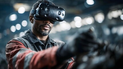 Worker uses virtual reality headset in an industrial setting for simulation and training