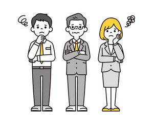 腕を組んで考える、複数のビジネスマンとビジネスウーマンの全身ベクターイラスト素材セット