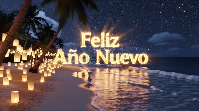 A tropical night scene with a beach, palms, glowing lanterns, starry sky, and text