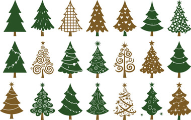 Decorative Christmas tree illustration set, festive holiday vector collection, seasonal ornament artwork, green gold design, whimsical flat cad drawing