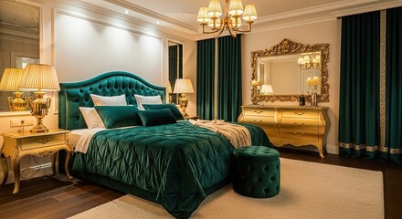 Luxurious emerald green velvet bedroom suite exudes opulence and comfort with ornate gold accents and plush furnishings creating an elegant sanctuary for ultimate relaxation and sophisticated living.