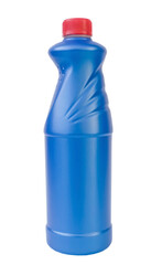 Blue plastic bottle with cleaning products isolated on white background