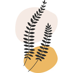 Abstract Minimalist Black Fern Silhouettes Over Soft Peach And Ochre Shapes Modern Botanical Artwork