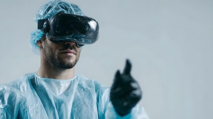 Professional man in medical attire and VR headset actively interacts with an immersive digital simulation showcasing future healthcare technology