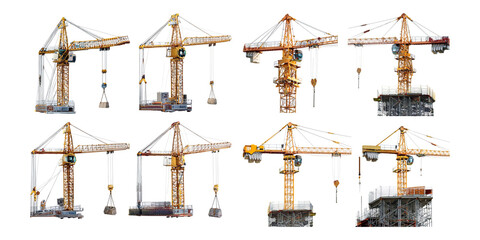 Various Construction Cranes with Equipment Displayed, PNG collection, set bundle, isolate on transparent or white background