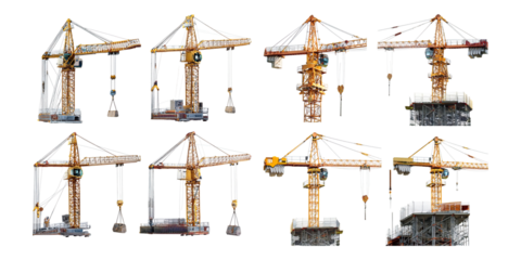 Various Construction Cranes with Equipment Displayed, PNG collection, set bundle, isolate on transparent or white background